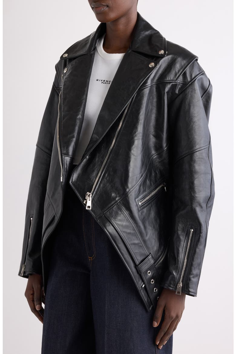 Trapeze Leather Biker Jacket, Alternate, color, BLACK