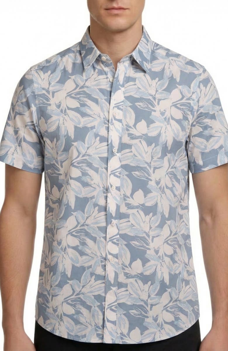 Report Collection Tropical Print Short Sleeve Stretch Button-Up Shirt, Main, color, Blue