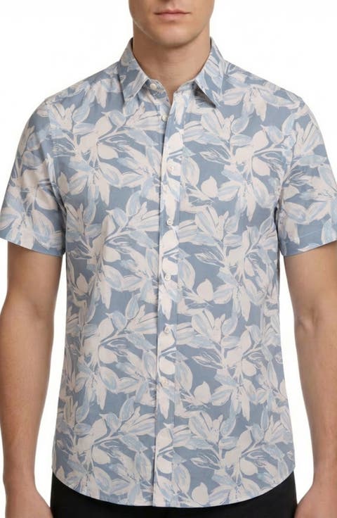 Tropical Print Short Sleeve Stretch Button-Up Shirt