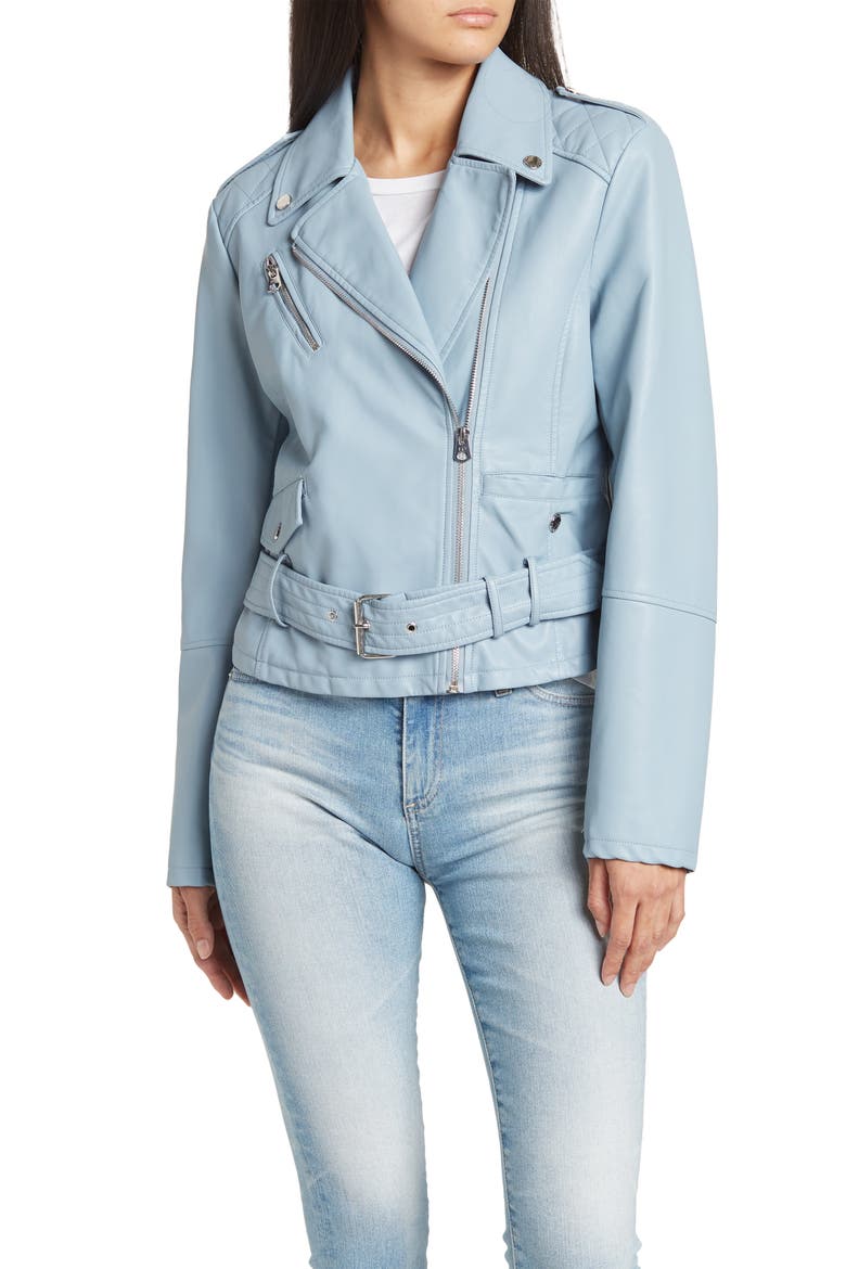 Faux Leather Belted Crop Moto Jacket, Main, color, SUMMER SKY