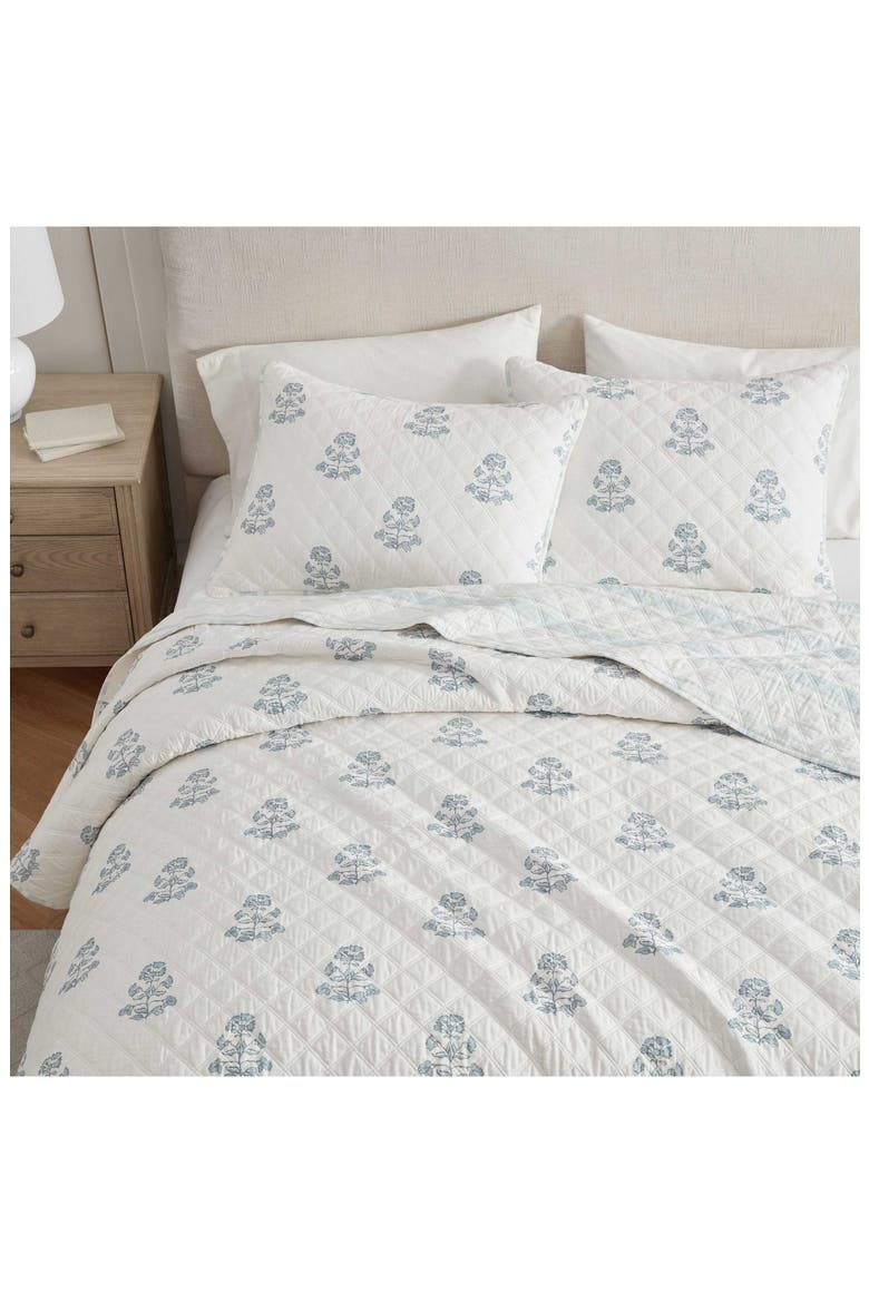 Flower Block Printed Cotton Quilt Set, Alternate, color, WINTER BLUE