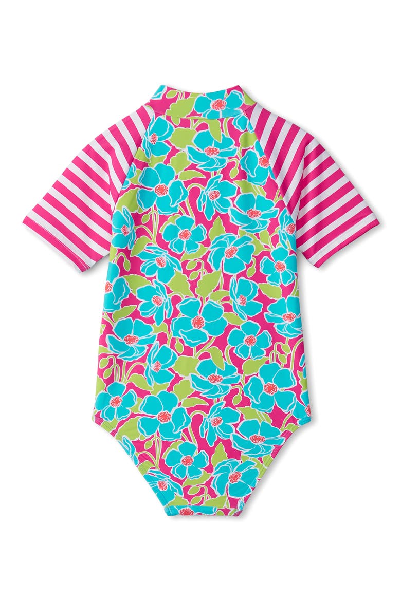 Kids' Floating Poppies Short Sleeve One-Piece Rashguard Swimsuit, Alternate, color, BLUE/ PINK MULTI