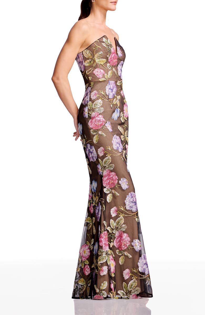 Dress the Population Fernanda Embroidered Floral Strapless Gown, Alternate, color, Black Multi