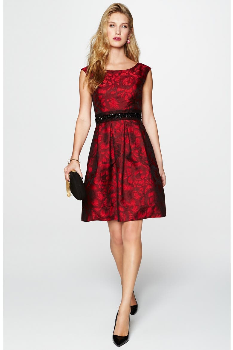 Embellished Waist Brocade Fit & Flare Dress, Alternate, color, BLACK/ RED