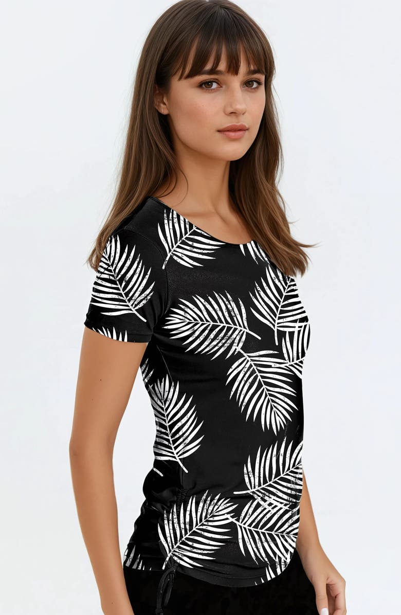 Calypsa Short Sleeve Adele Swim Top, Alternate, color, Black Palms