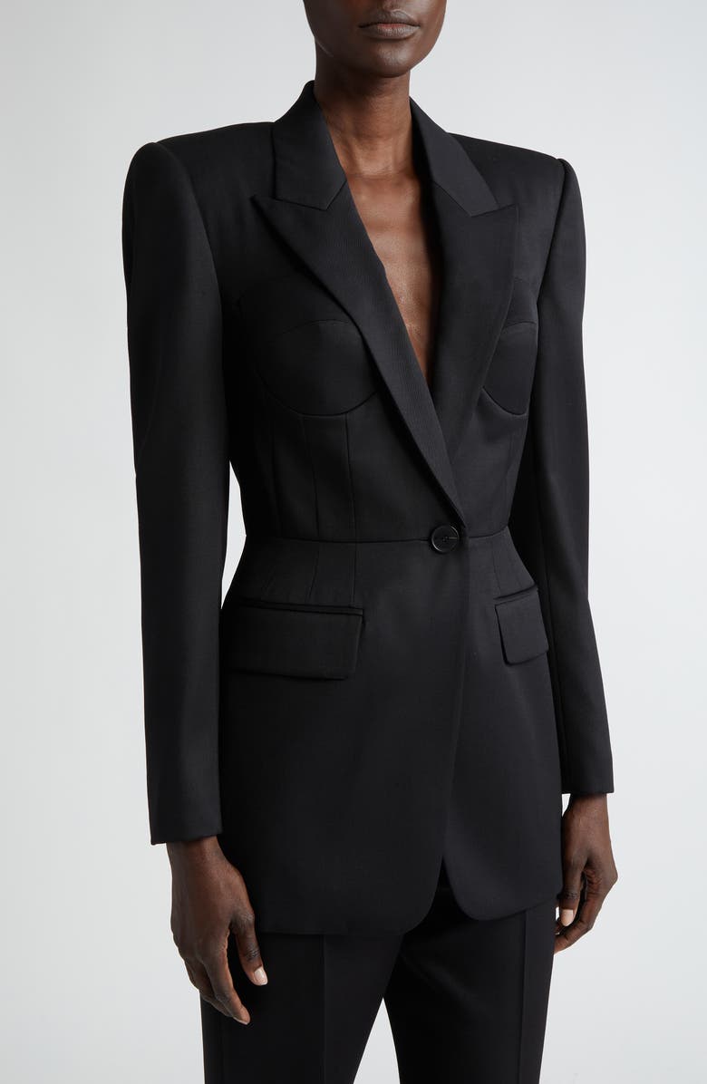 McQueen Trompe l'Oeil Corset Detail Wool Blazer, Alternate, color, 