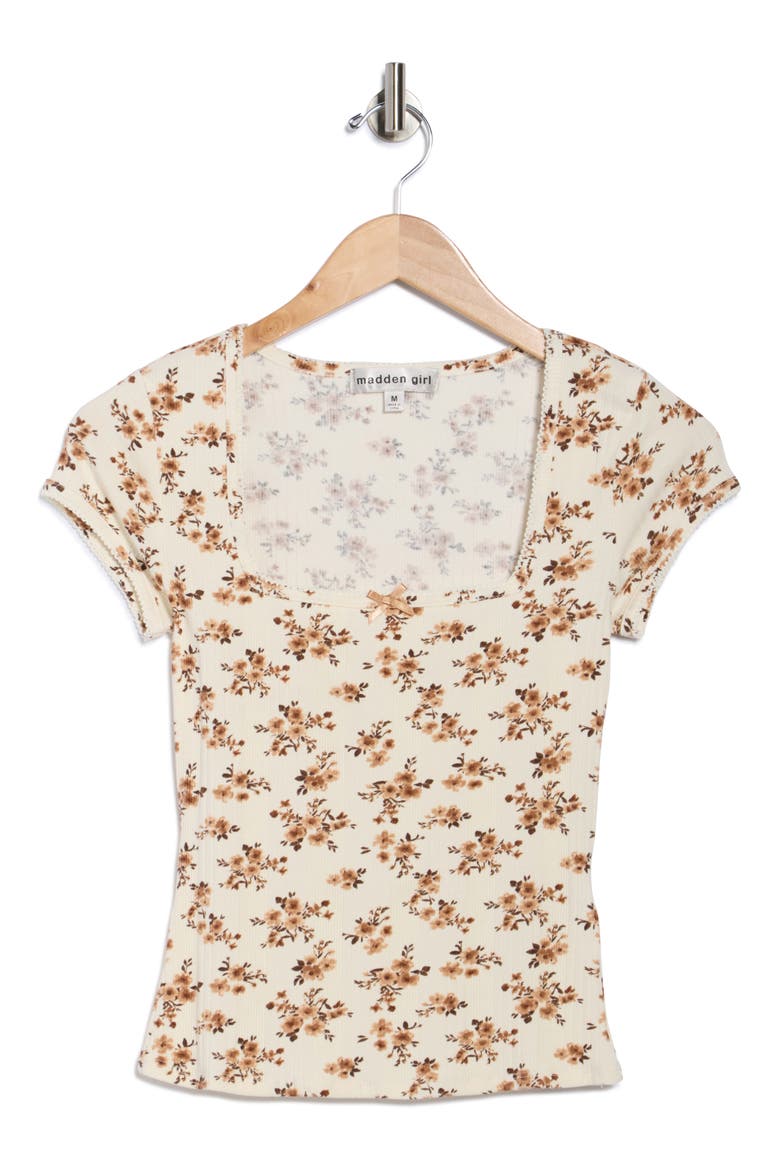 Square Neck Cap Sleeve Top, Alternate, color, IVORY/ BROWN RIBBON COMBO