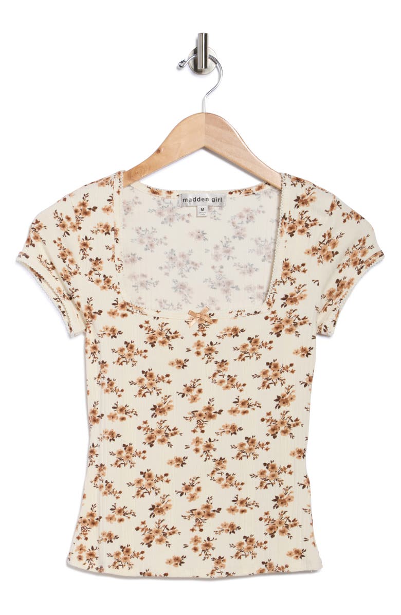 Madden Girl Square Neck Cap Sleeve Top, Alternate, color, Ivory/ Brown Ribbon Combo