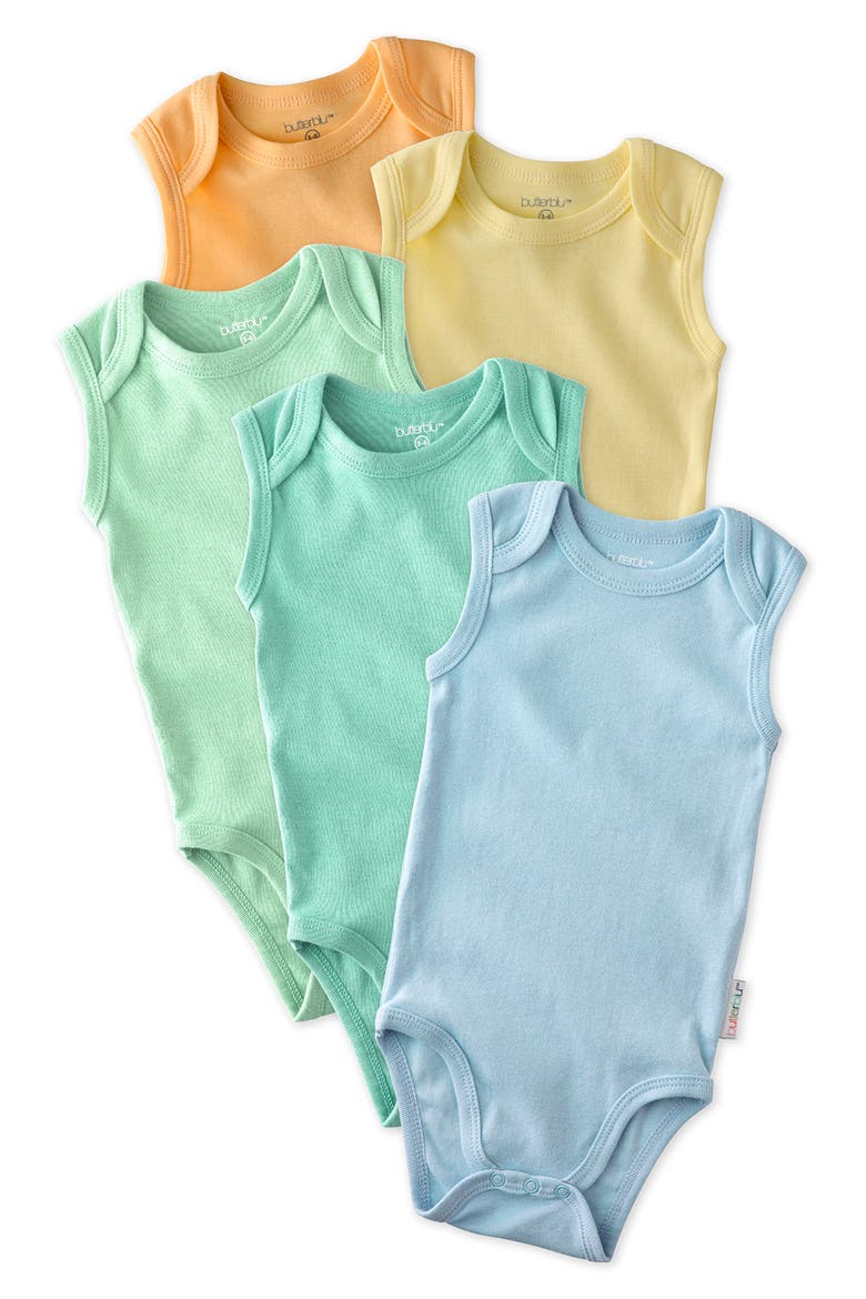 Sam Assorted 5-Pack Sleeveless Organic Cotton Bodysuits, Main, color, SUNNY