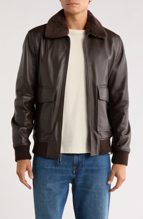 Genuine Shearling Collared Leather Aviator Jacket