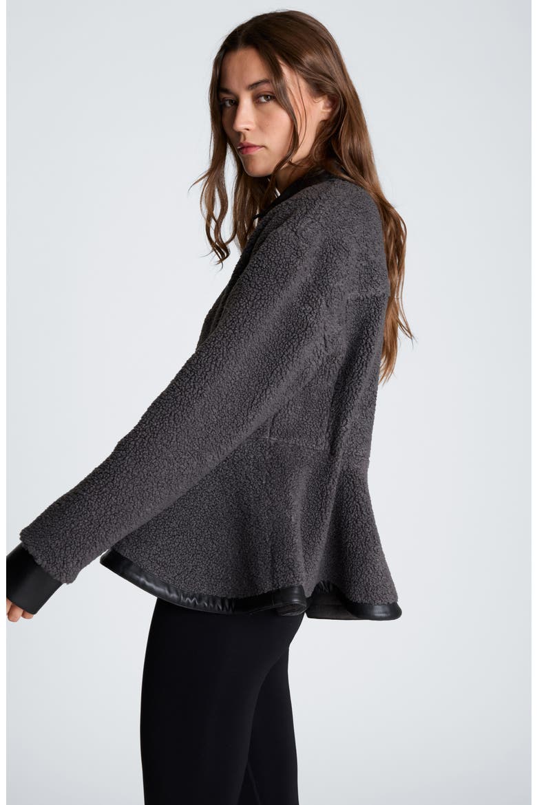 Faux Leather Trim Faux Fur Peplum Shirt, Alternate, color, SOLID GRAPHITE/ BLACK