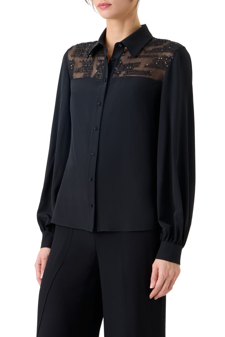 Sequin Yoke Silk Crepe Button-Up Shirt, Alternate, color, BLACK