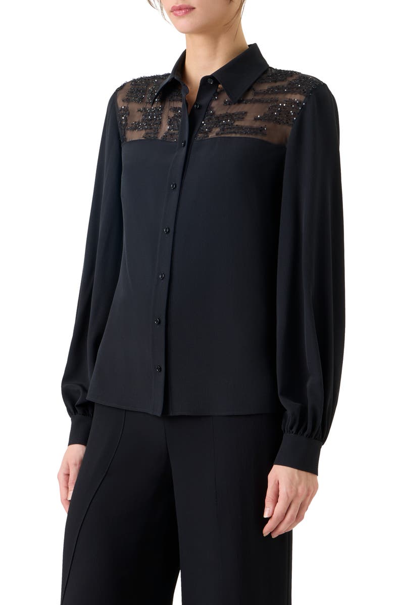 Akris Sequin Yoke Silk Crepe Button-Up Shirt, Alternate, color, Black