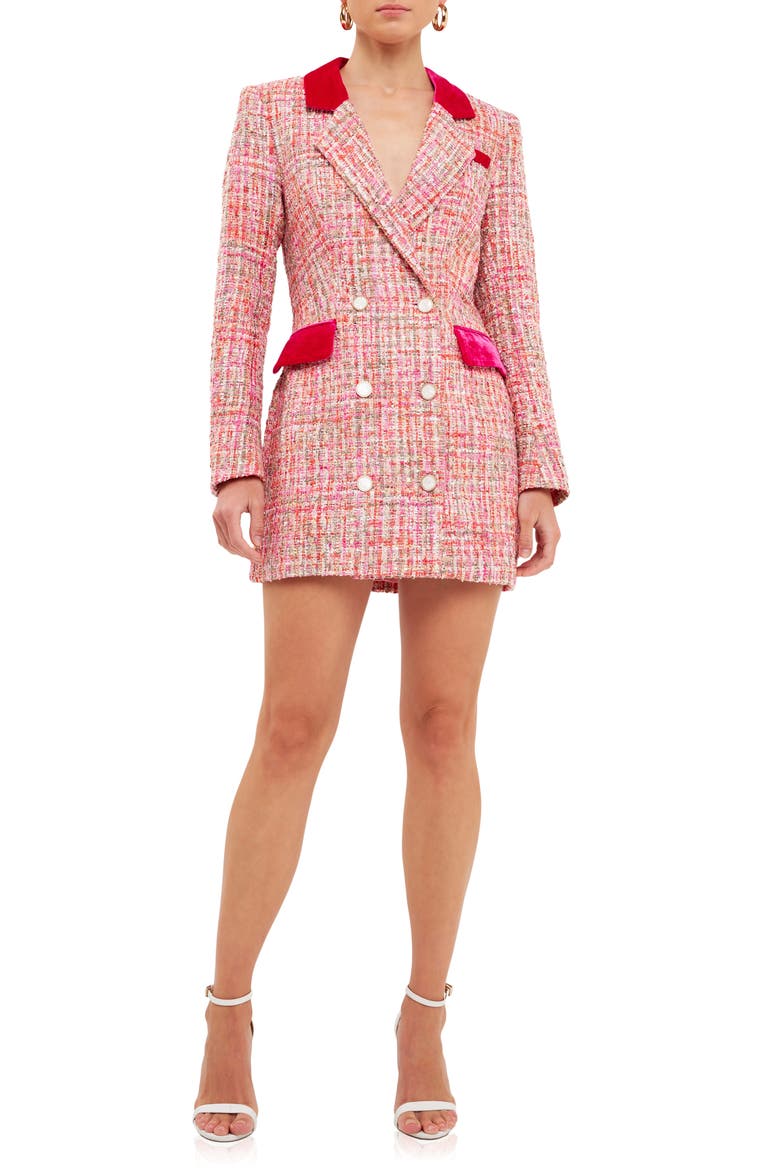 Premium Tweed Long Sleeve Blazer Minidress, Main, color, PINK