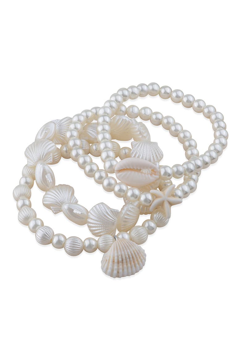 Set of 4 Faux Pearl & Shell Beaded Stretch Bracelets (Nordstrom Exclusive), Alternate, color, WHITE/ SILVER