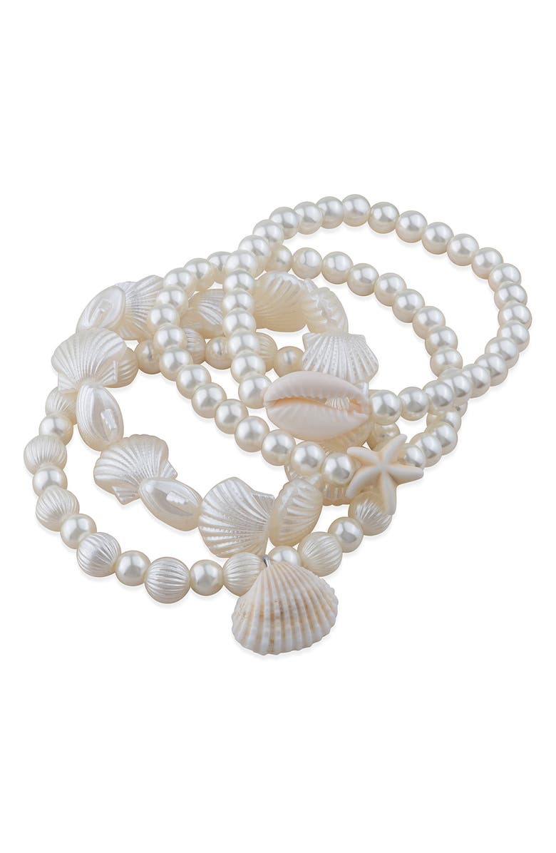JARDIN Set of 4 Faux Pearl & Shell Beaded Stretch Bracelets, Alternate, color, White/ Silver