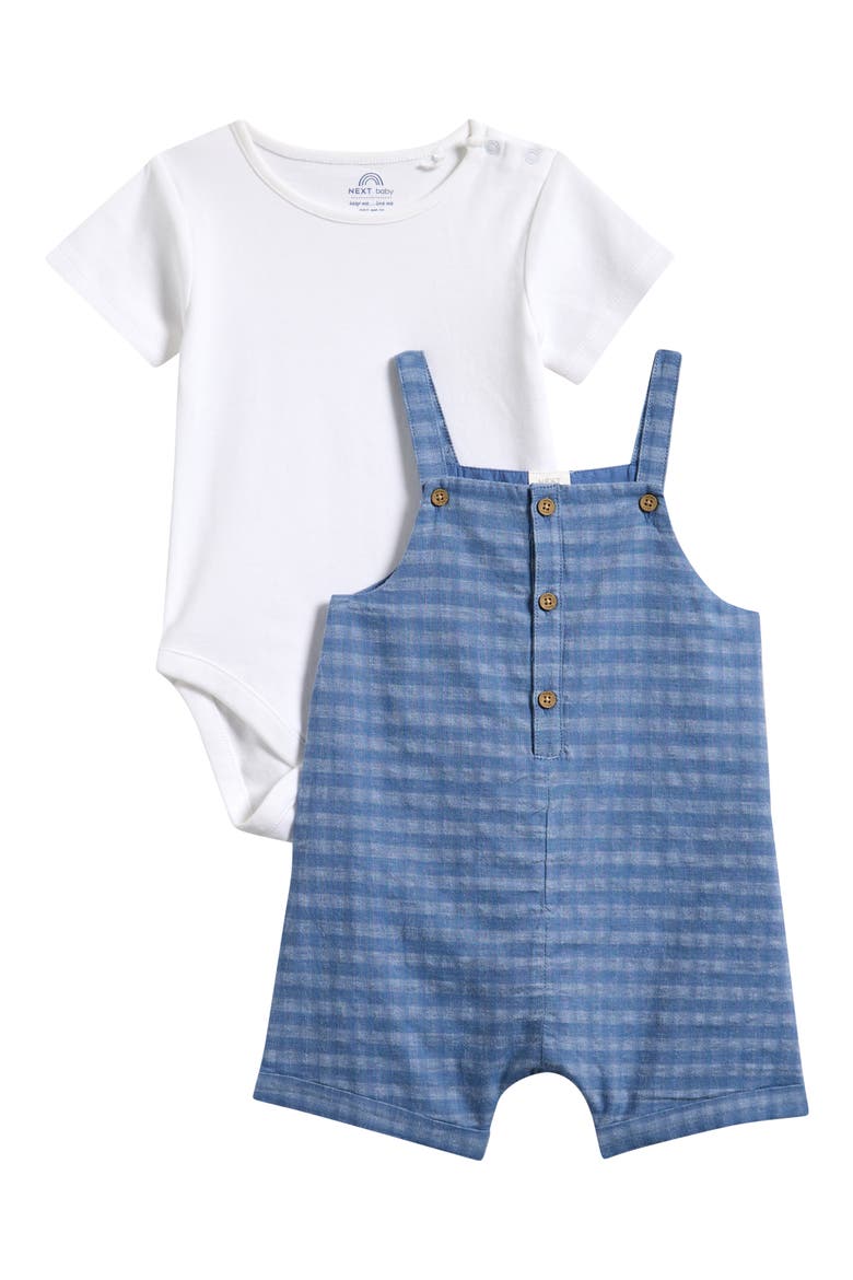 Gingham Denim Romper & Bodysuit Set, Main, color, BLUE