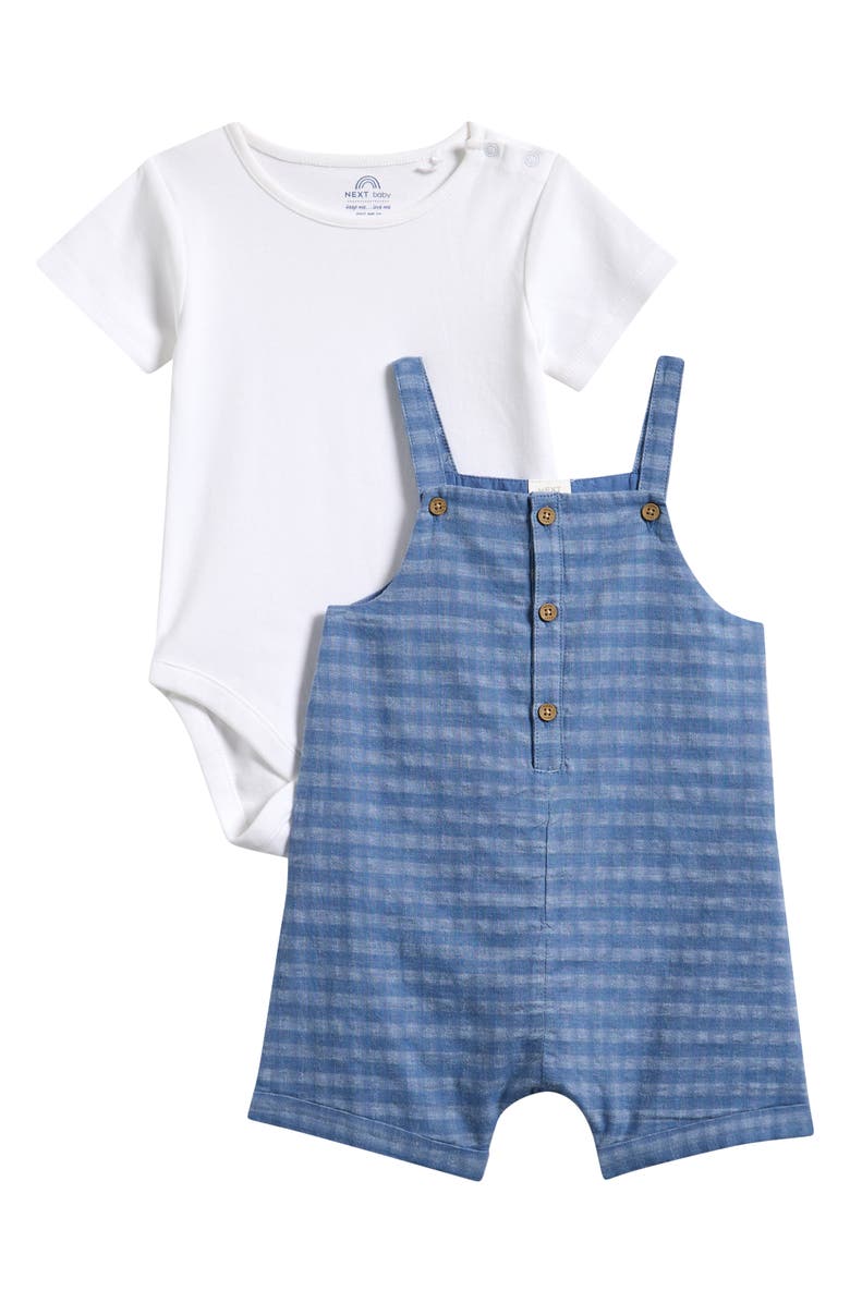 NEXT Gingham Denim Romper & Bodysuit Set, Main, color, Blue