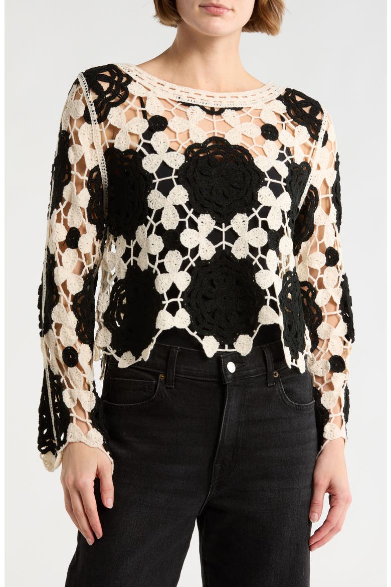 Crochet Lace Top, Main, color, NATURAL/ BLACK
