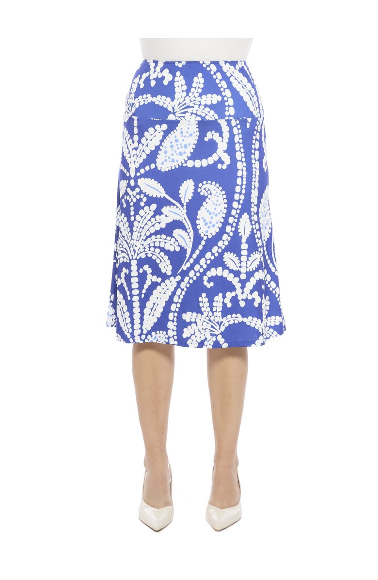 24seven Comfort Apparel Womens Paisley Elastic Waist Knee Length A-Line Skirt, Main, color, Blue Multi
