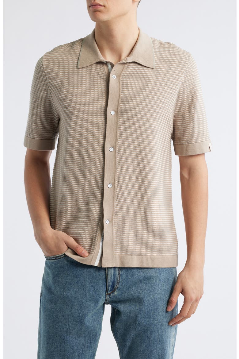 Harvey Jacquard Stripe Knit Short Sleeve Button-Up Shirt, Main, color, LIGHT BEIGE