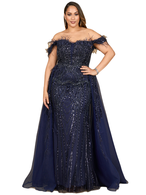 Off Shoulder Gown with Feathers