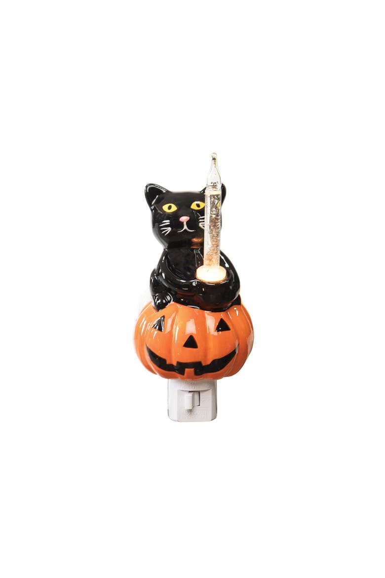 Halloween Black Cat Sitting on Pumpkin Bubble Nightlight, Main, color, Orange