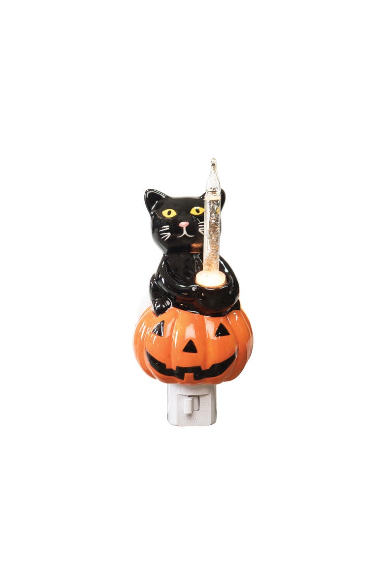 Gallerie II Halloween Black Cat Sitting on Pumpkin Bubble Nightlight, Main, color, Orange