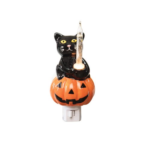 Halloween Black Cat Sitting on Pumpkin Bubble Nightlight
