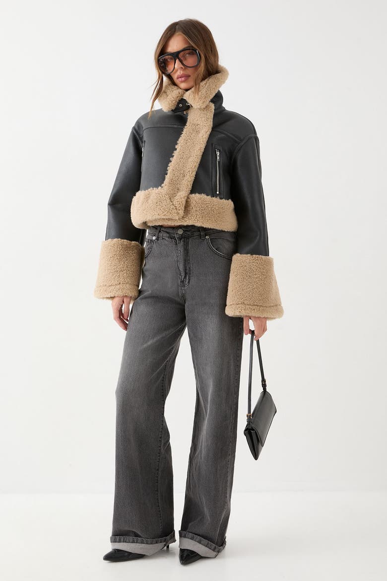 Pu Faux Fur Trim Aviator Jacket, Alternate, color, Black