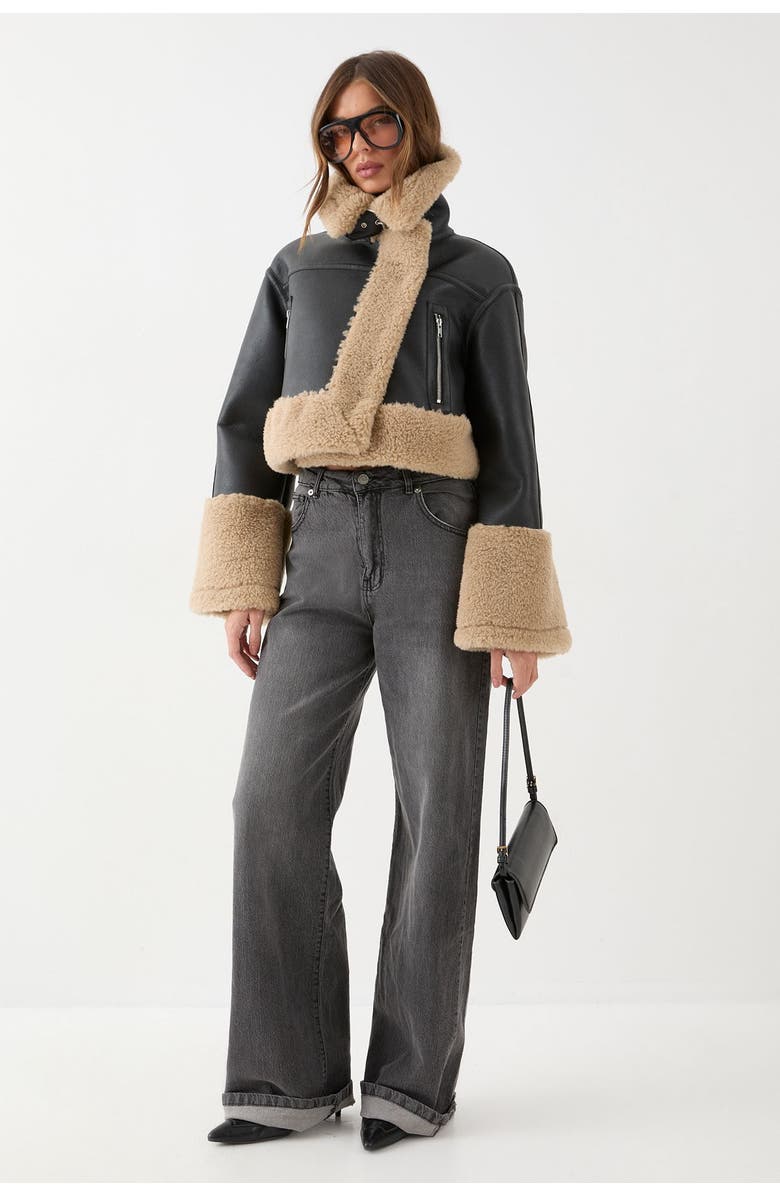 MissPap Pu Faux Fur Trim Aviator Jacket, Alternate, color, Black