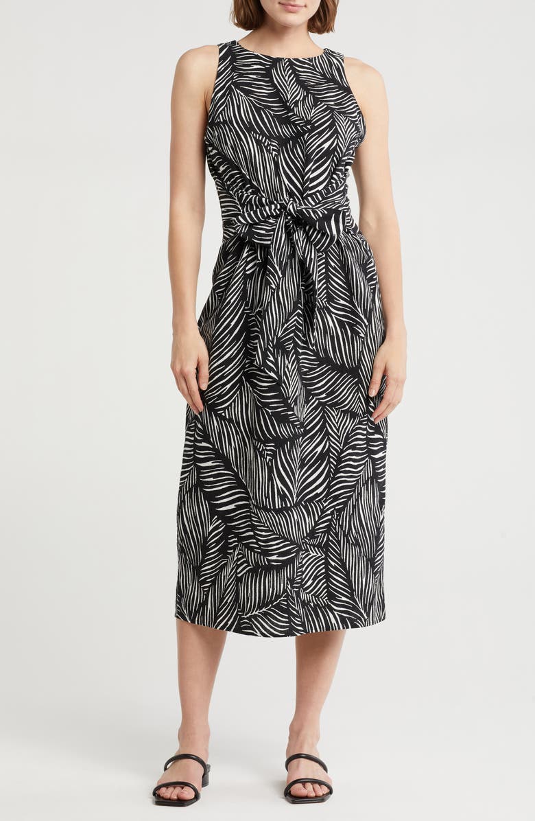 Sleeveless Tie Waist Linen Blend Midi Dress