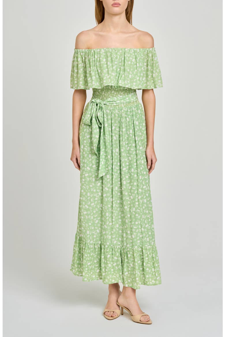 Indie Ditsy Floral Off the Shoulder Tiered Midi Dress, Main, color, PISTACHIO ALLOVER FLORAL