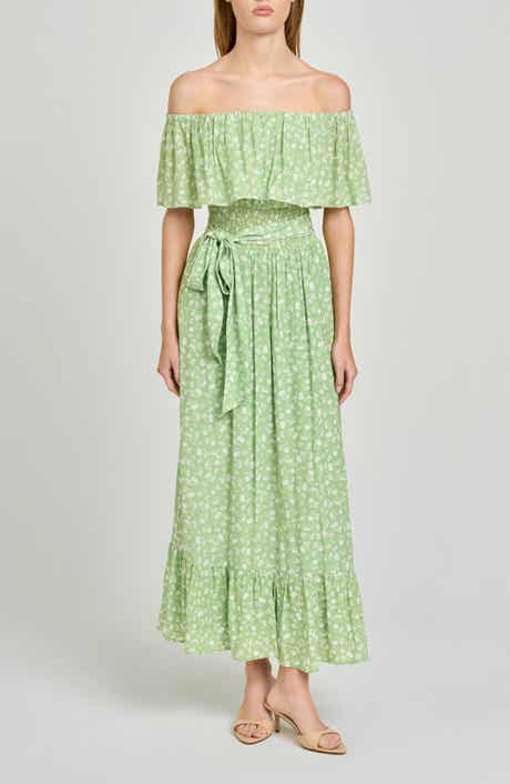 Indie Ditsy Floral Off the Shoulder Tiered Midi Dress
