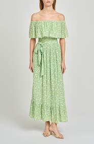 WAYF Indie Ditsy Floral Off the Shoulder Tiered Midi Dress