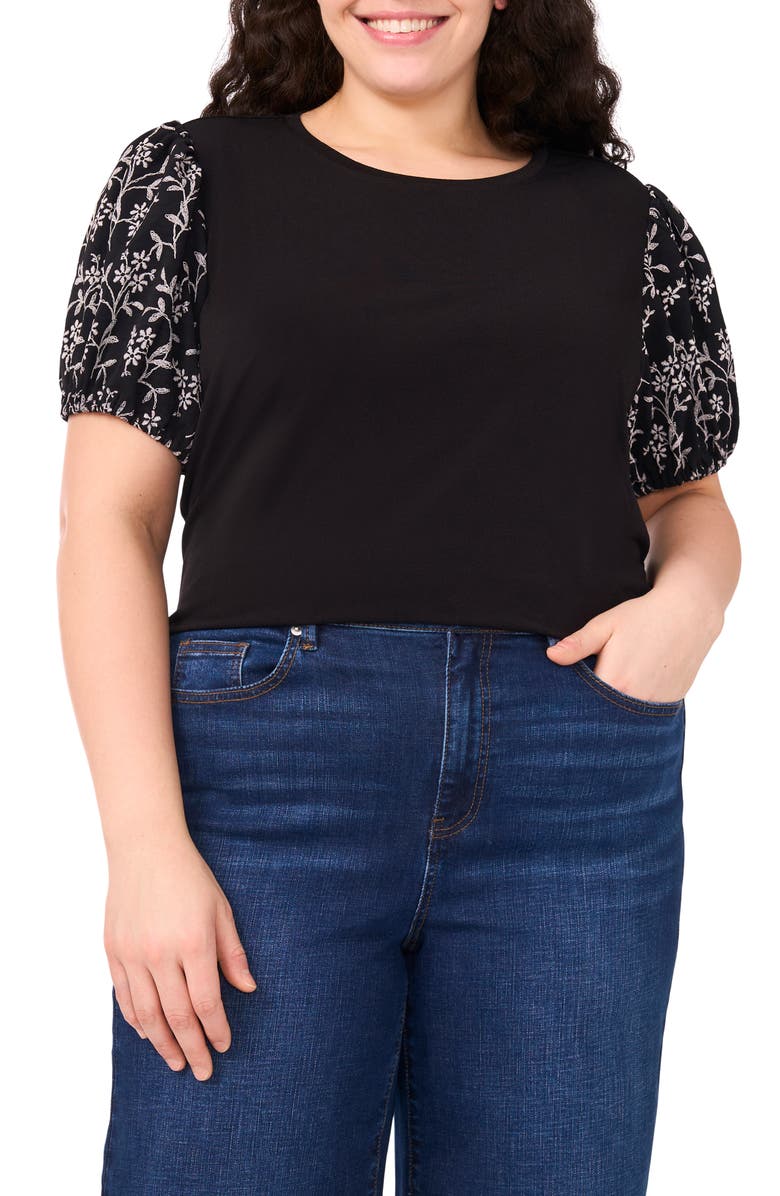 CeCe Floral Embroidered Puff Sleeve T-Shirt, Main, color, Rich Black