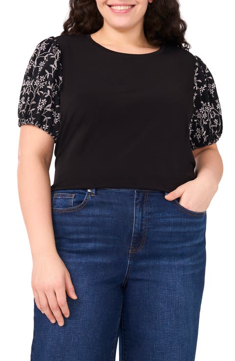 Floral Embroidered Puff Sleeve T-Shirt (Plus)