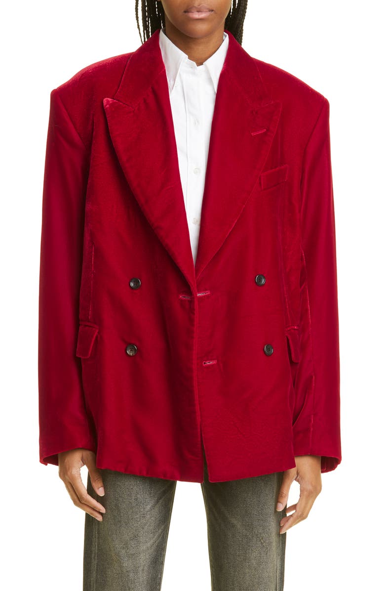 R13 Ragged Double Breasted Peaked Lapel Velvet Blazer, Main, color, Red Velvet