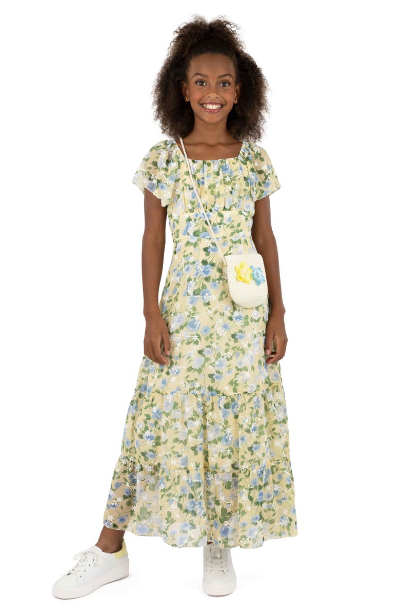Speechless Kids' Floral Puff Sleeve Maxi Dress & Purse Set, Alternate, color, Yellow/ Blue