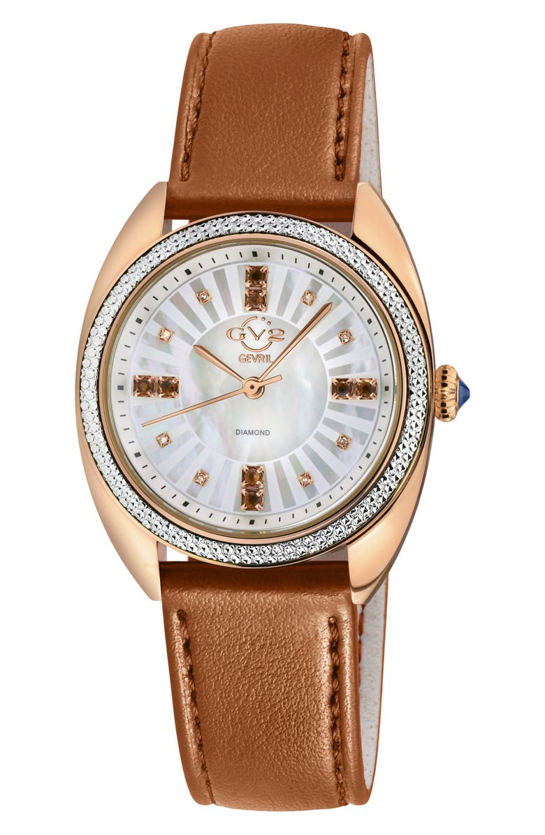 GV2 Palermo Mother of Pearl Dial Diamond Faux Leather Strap Watch, 35mm - 0.04ct., Main, color,