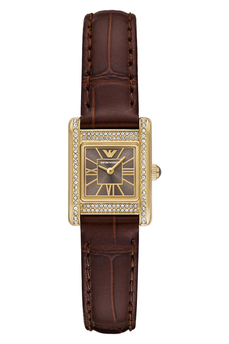 Crystal Bezel Tank Leather Strap Watch, 19mm x 26mm, Main, color, BROWN