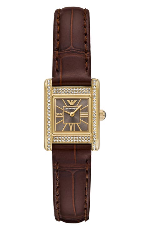 Crystal Bezel Tank Leather Strap Watch, 19mm x 26mm