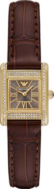 Emporio Armani Crystal Bezel Tank Leather Strap Watch, 19mm x 26mm