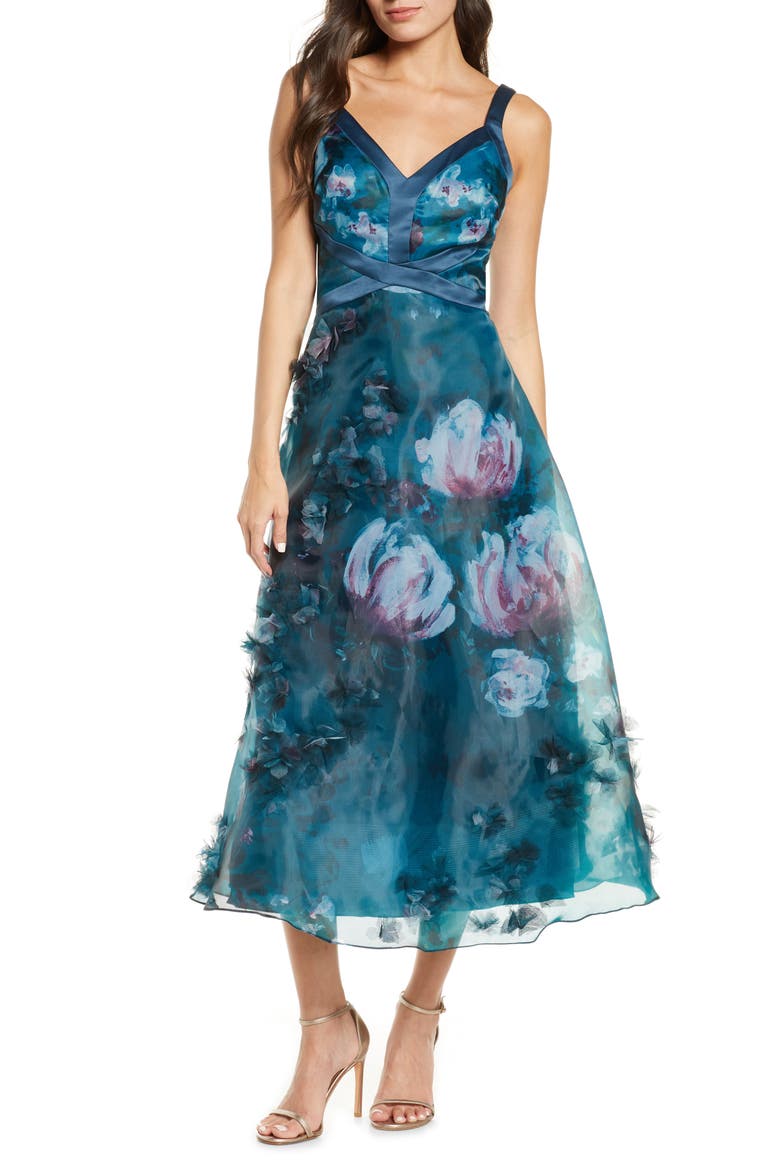 Embellished Floral Print Organza Midi Dress, Main, color, EMERALD