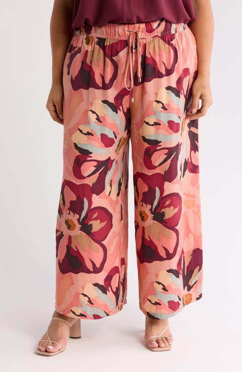 Print Wide Leg Drawstring Pants (Plus)