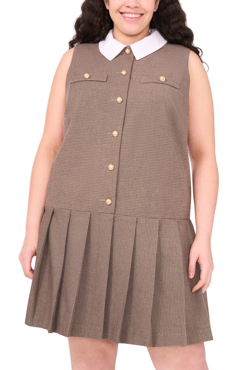 CeCe Houndstooth Sleeveless Pleated Dress, Alternate, color, Safari