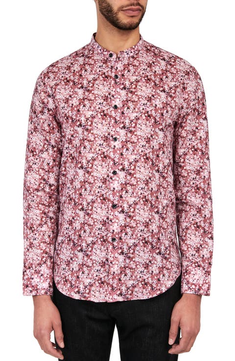 Slim Fit Cherry Blossom Linen Cotton Banded Collar Long Sleeve Shirt