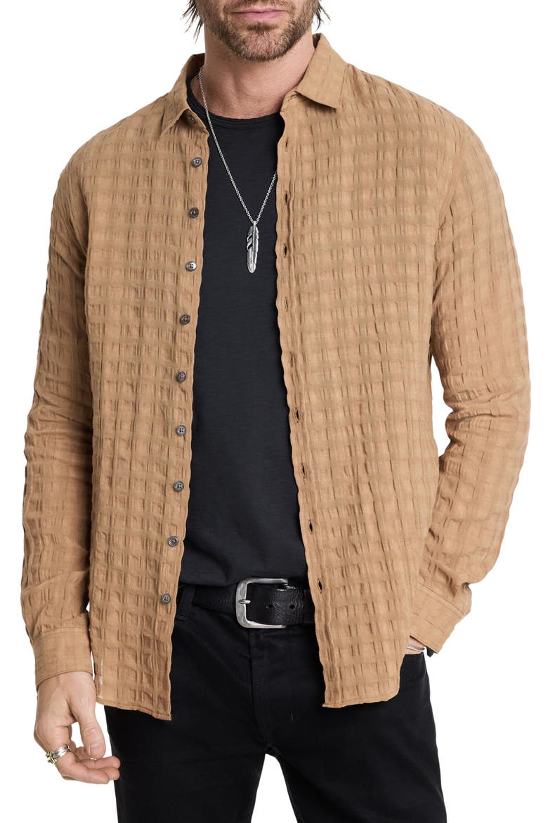 Slim Fit Geo Textured Linen & Cotton Button-Up Shirt, Main, color, LIGHT CARAMEL