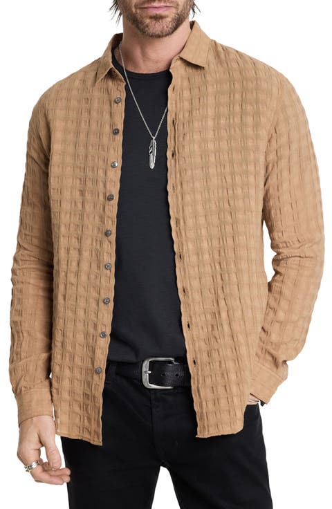 Slim Fit Geo Textured Linen & Cotton Button-Up Shirt