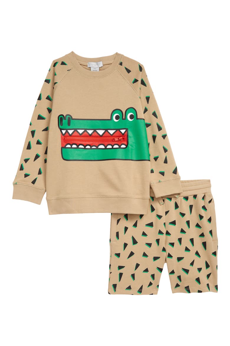 Kids' Croco Graphic Sweatshirt & Sweat Shorts Set, Main, color, 116VE TAN GREEN
